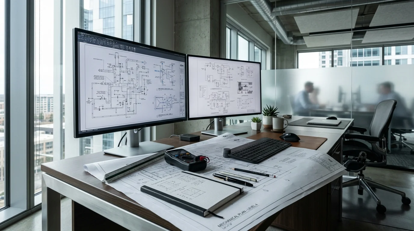 Estação técnica de engenharia exibindo esquemáticos e diagramas de climatização VRF em monitores e prancheta de projetos
