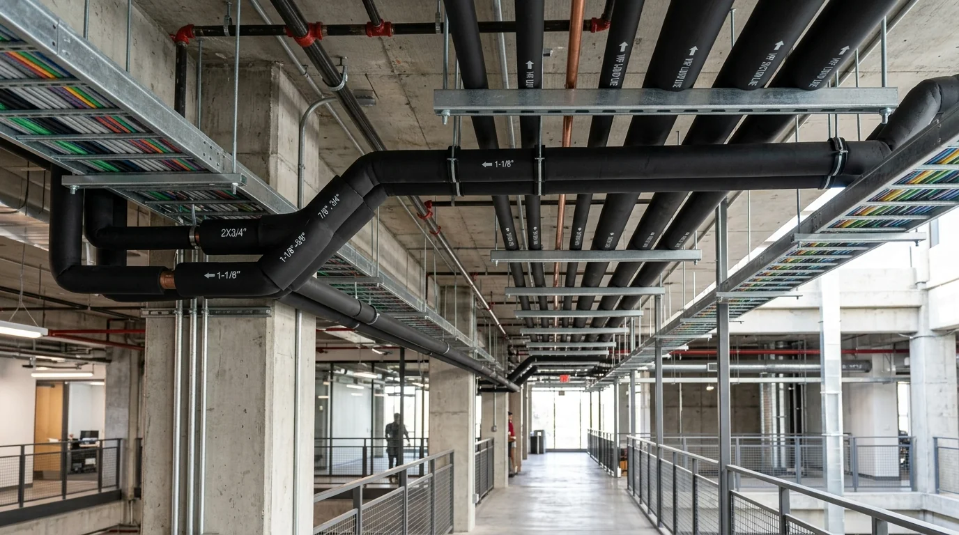 Tubulação técnica de refrigeração VRF com isolamento elastomérico preto, linhas de cobre e suportação em eletrocalha galvanizada