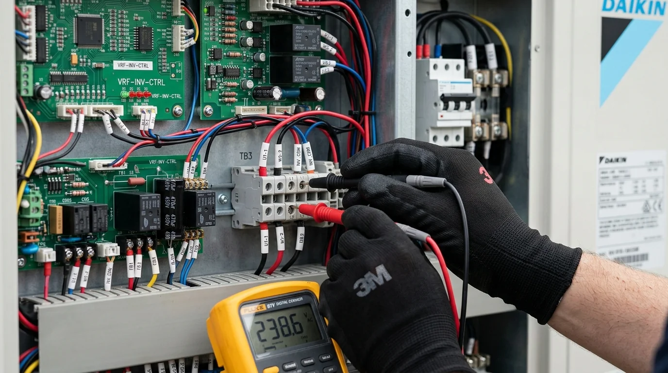 Técnico realizando medições elétricas e testes de diagnóstico no painel de comando VRF
